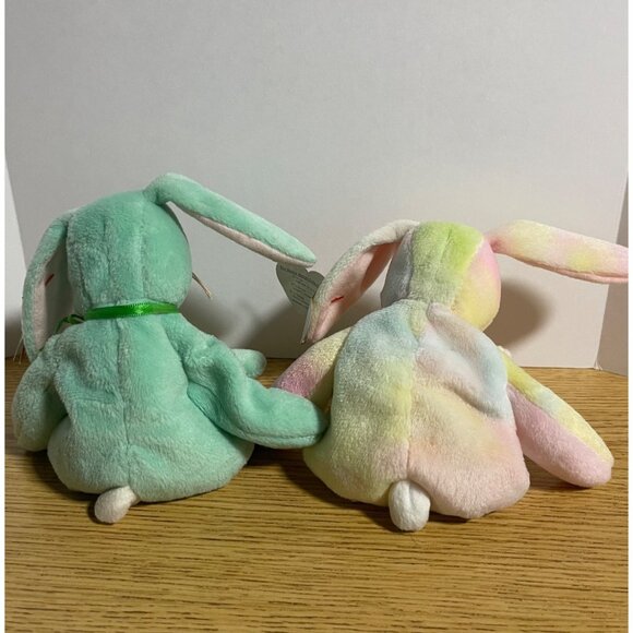 Ty Beanie Babies lot of 2 Green Hippity Tie Dye Hippie Bunny Rabbit Set VTG 96/9 - Picture 2 of 16